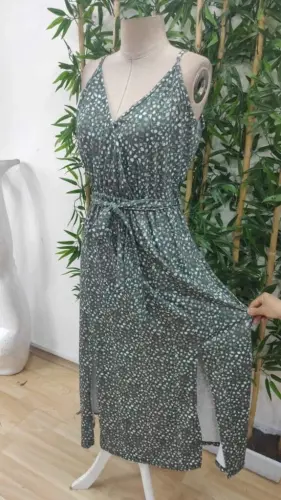 Ayollar Ip Askılı Kruvaze Yoqali Yirtmaçli Uzun Desenli Qushakli Suprem Ko'ylak - 8