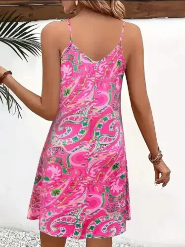 Ayollar Ip Askılı V Yoqali Naqshli Qisqa Suprim Mini Ko'ylak - BÜYÜKBEDENIZ (1)