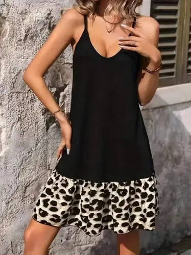 Ayollar Ip batafsil qisqa ko'ylak Osma yumaloq yoqali viskon etek suprem ko'ylak - 5