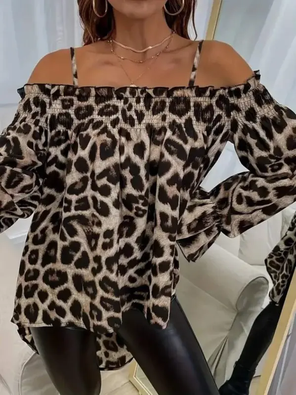 Ayollar Ip Bog'li Ochiq Yelkali Leopard Naqshli Asimmetrik Kesimli Superem Bluz - 2
