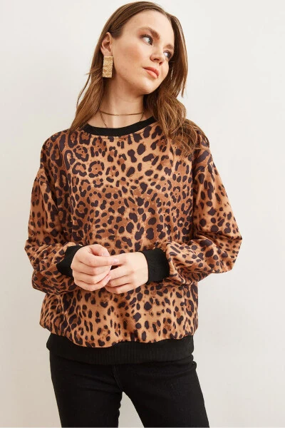 Ayollar jigarrang leopard asosiy yumshoq to'qimali bo'sh futbolka SWT-19000457 - 6