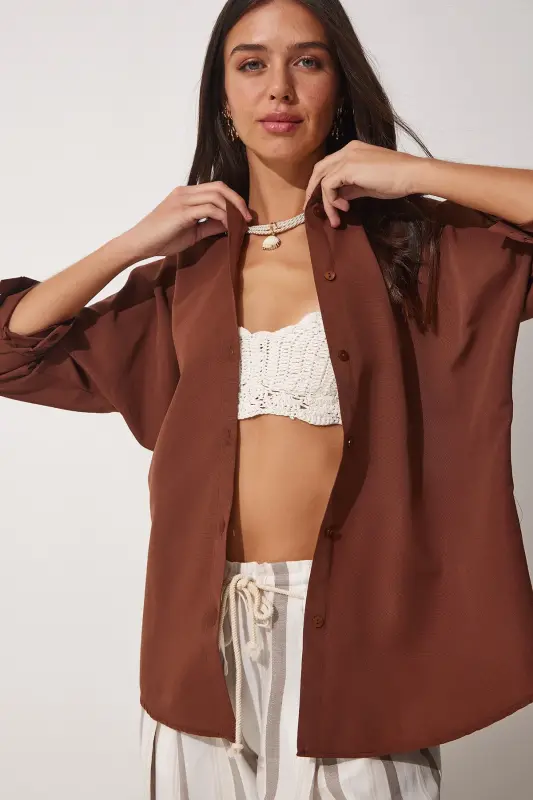 Ayollar Kakao Oversize Uzun Basic Ko'ylak DD00842 - Kakao - 2