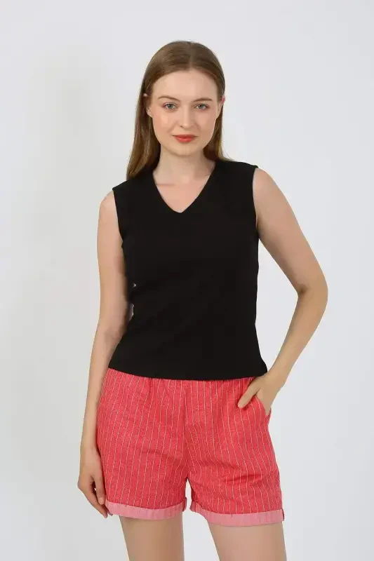 Ayollar Kalin Kamar Sho'rtli Pijama To'plami Qora 3632 - 5