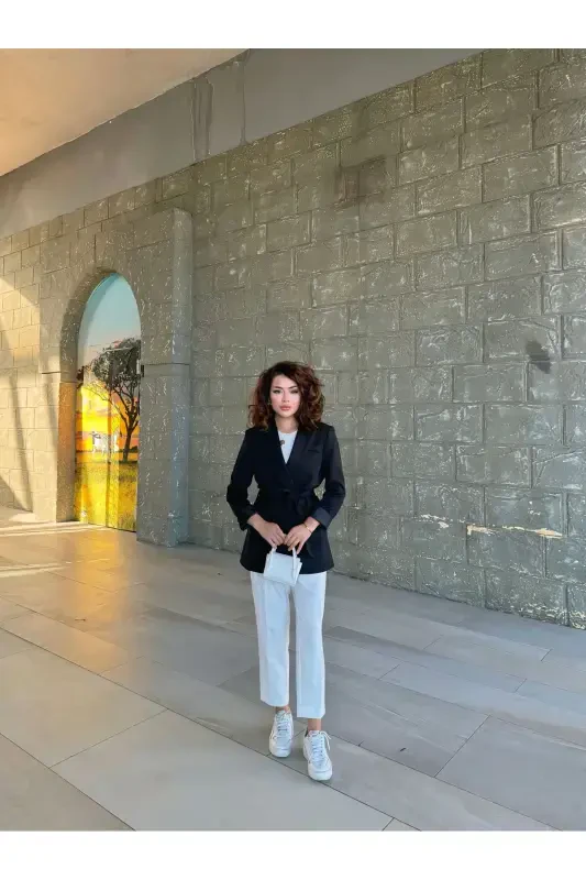 Ayollar kamarli blazer ko'ylagi - qora - 1