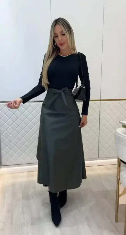 Ayollar kamarli uzun charm yubka - 1