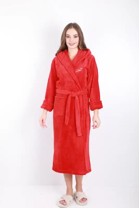 Ayollar kapshonli kashtali bambuk uzun xalat - olov qizil - 3