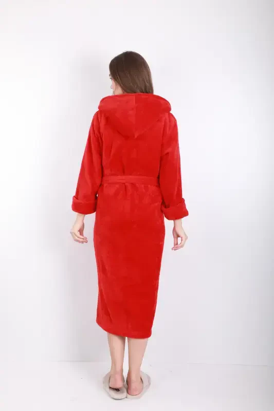 Ayollar kapshonli kashtali bambuk uzun xalat - olov qizil - 4