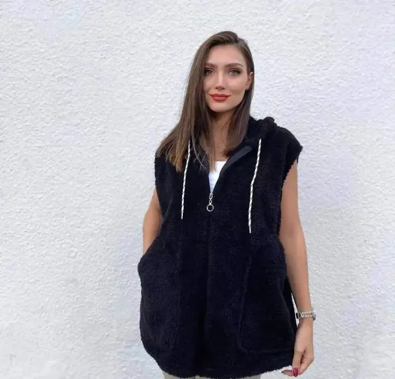 Ayollar Kapüşon Va Fermuar Detalli Welsoft Yengsiz Jilet - 1