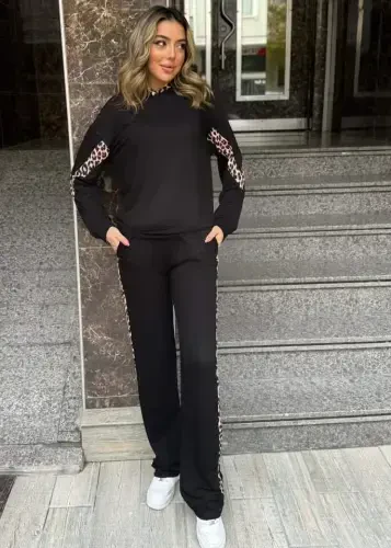 Ayollar kapüşonli leopard detalli svitshot va yuqori belli yonlari leopard chiziqli keng paçali shimlar ikkilik to'plami - BÜYÜKBEDENIZ (1)