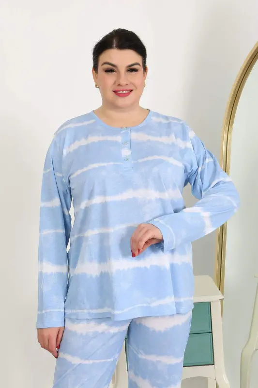Ayollar katta o'lchamli uzun yengli Jersey pijama to'plami Mavi 202502 - 7
