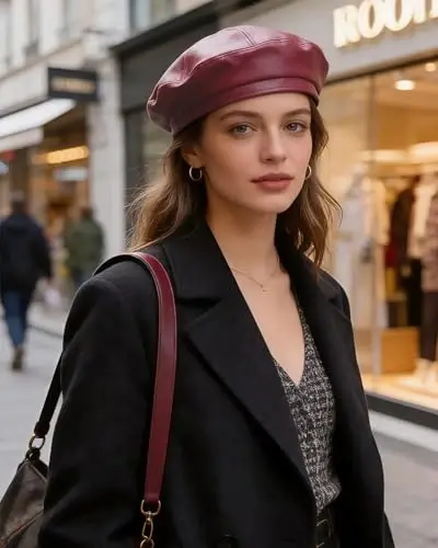 Ayollar klassik PU Teri Frantsuz Beret Shlyapa Retro Beanie Shlyapa Rassom Beret Qalpog'i Sozlanishi mumkin Rassom Qovoq Qalpog'i - MOSSTYUS (1)