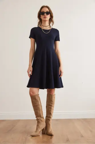 Ayollar ko'k bo'lakli trend mini kloş ko'ylak ELB- - OLALOOK (1)