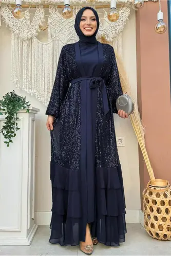 Ayollar ko'k pul to'qilgan kechki liboslar to'plami T 3848-ko'k - 1