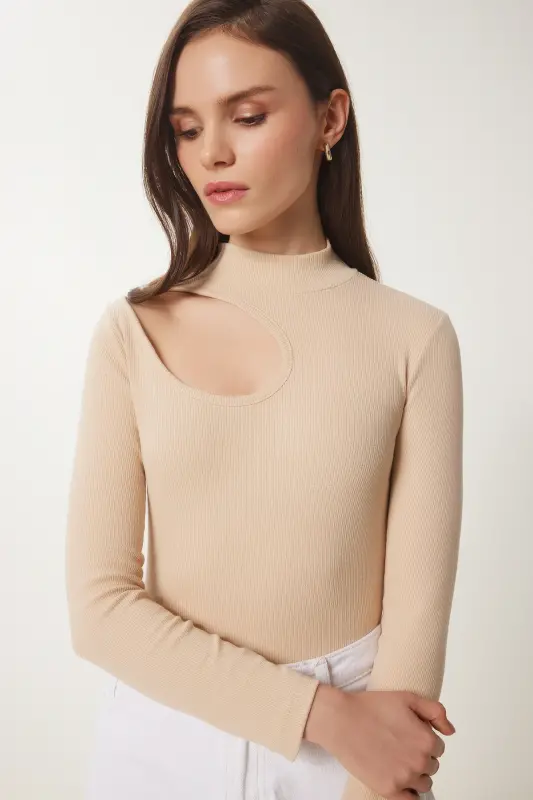 Ayollar Krem Cut Out Detalli Fitilli Triko Bluz GT00065-Krem - 2