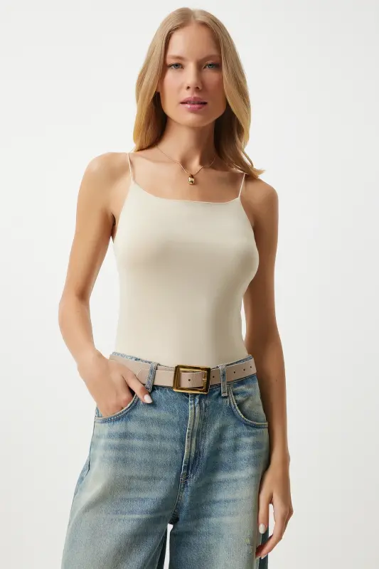 Ayollar Kremi İpli Qisqichli Trikotaj Body Bluz LD00018-Krem - 1