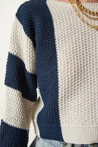 Ayollar kremi to'q ko'k chiziqli mavsumiy trikotaj kozok MC00254-Krem to'q ko'k - 4