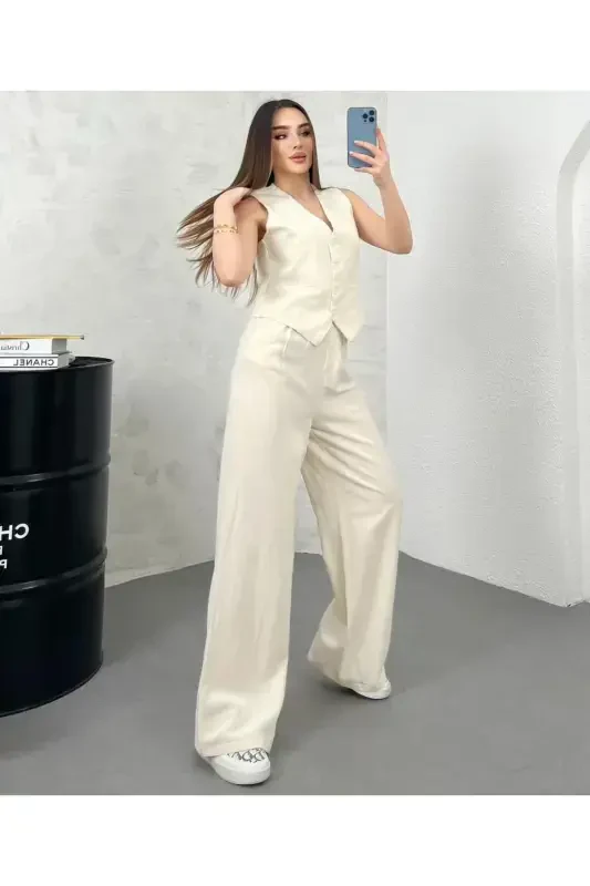 Ayollar Kremi Zig'ir Mato Astarlı Yelek Rezina Yuqori Bel Palazzo Shimlar Kostyumi 9257-Krem - 4