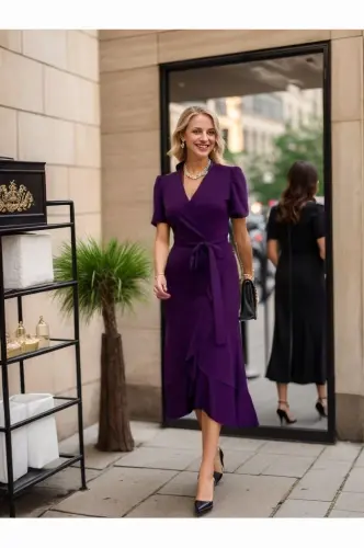 Ayollar kruvaze yoqali midi bo'yli kamarli krep ko'ylak 120 sm - 1