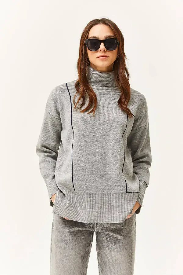 Ayollar kulrang baliqchi yoqa chiziqli naqshli triko sviter KZK-19000791 - 2