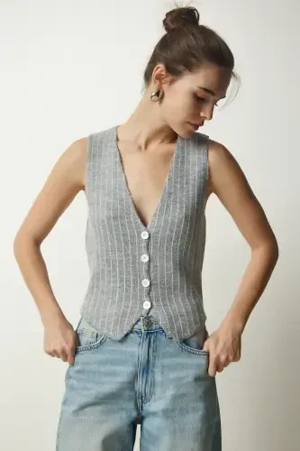 Ayollar Kulrang Chiziqli Shardonli Trikotaj Yelek WF00058-Kulrang - 3