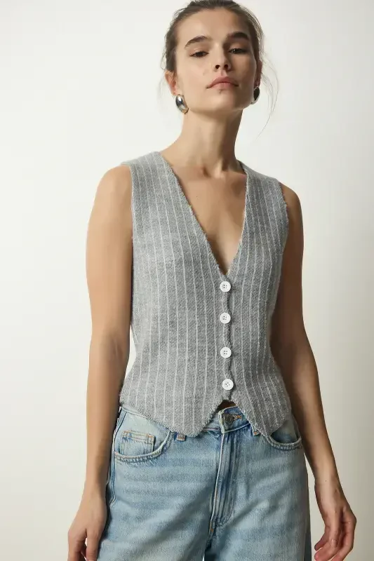 Ayollar Kulrang Chiziqli Shardonli Trikotaj Yelek WF00058-Kulrang - 4