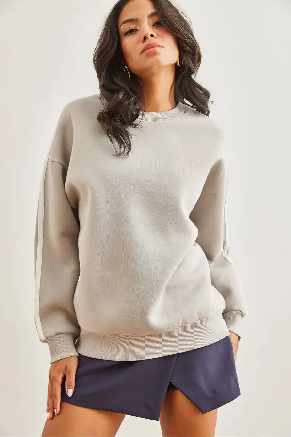 Ayollar Kulrang Kol Chiziqli Tishlu Qalin Sviter SWT-19000688 - 4