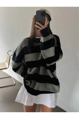 Ayollar kulrang trikotaj chiziqli keng hajmli kozok - Kulrang - DIER MODA (1)