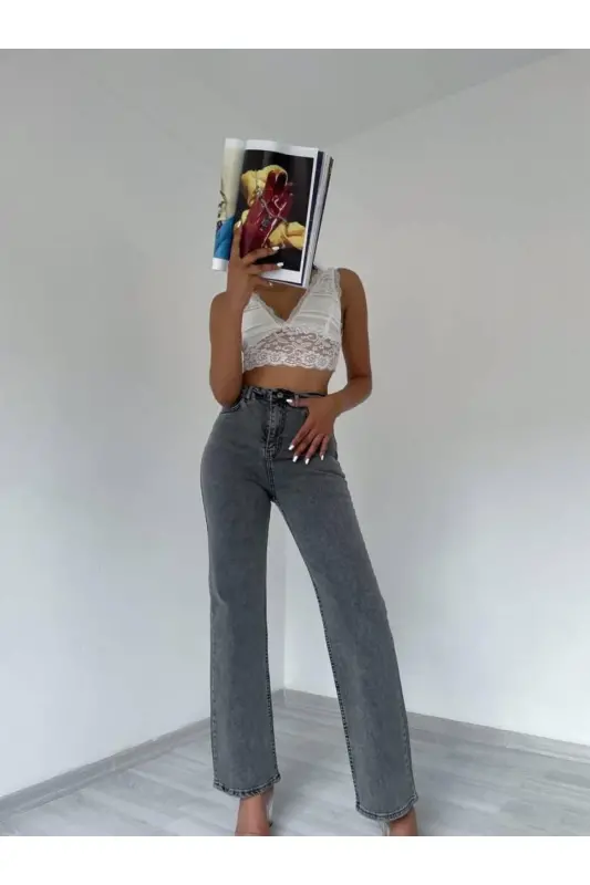 Ayollar kulrang yuqori belli keng shim jinsi - Kulrang - 1