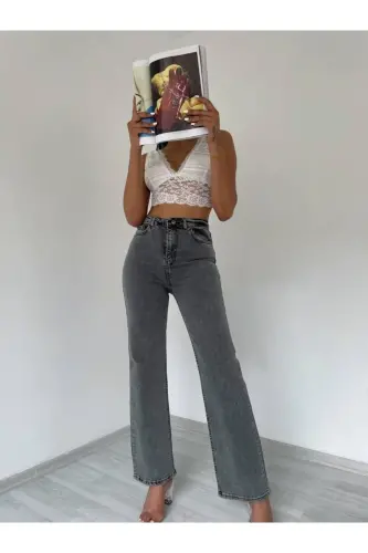 Ayollar kulrang yuqori belli keng shim jinsi - Kulrang - 3