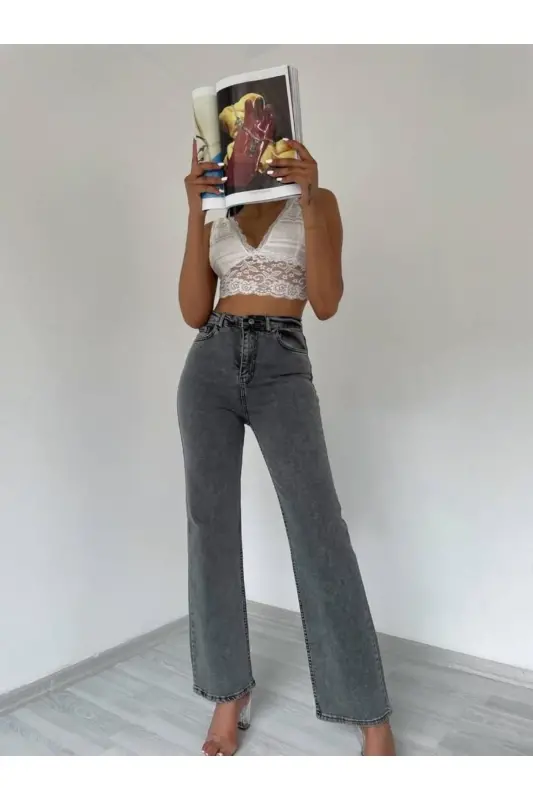 Ayollar kulrang yuqori belli keng shim jinsi - Kulrang - 3