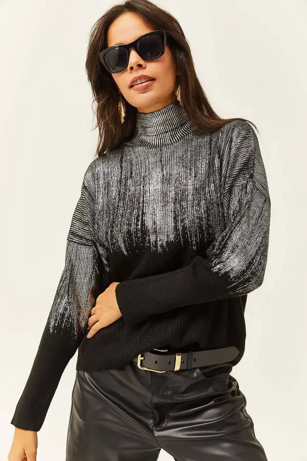 Ayollar kumush Yarim Mock Neck Metal detallari bilan Triko sviter KZK-19000726 - 1