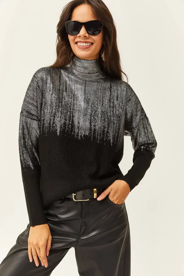 Ayollar kumush Yarim Mock Neck Metal detallari bilan Triko sviter KZK-19000726 - 2