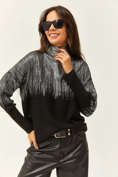 Ayollar kumush Yarim Mock Neck Metal detallari bilan Triko sviter KZK-19000726 - 3