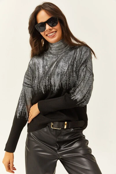 Ayollar kumush Yarim Mock Neck Metal detallari bilan Triko sviter KZK-19000726 - 4