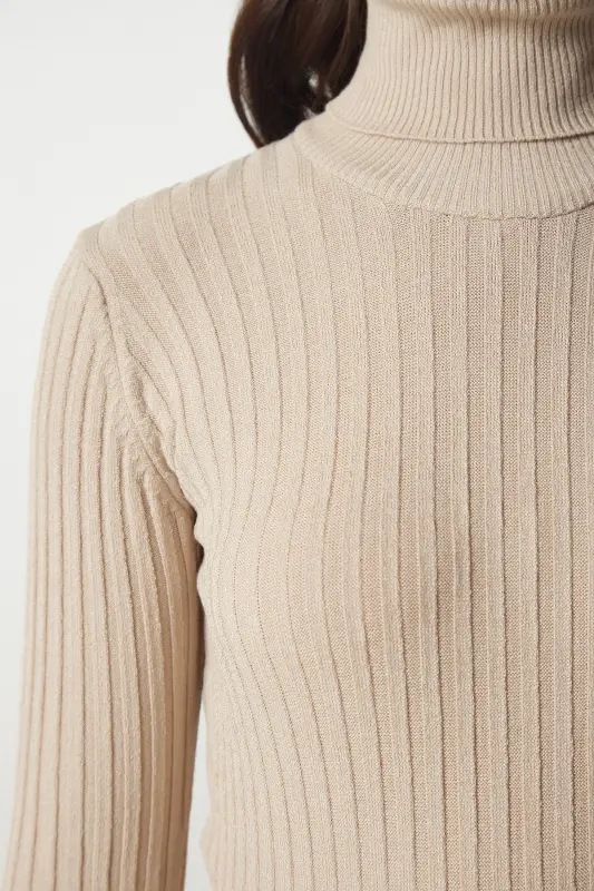 Ayollar Latte Baliqchi Yoqa Fitilli Basic Ko'ylak bv00095-Latte - 4
