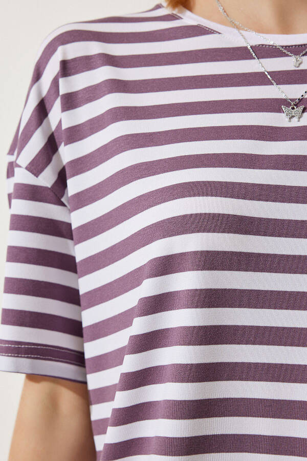 Ayollar Lavlagi Velosiped Yoqa Chiziqli Oversize To'qilgan T-Shirt EN00609 - 6