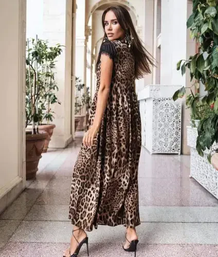 Ayollar Leopard naqshli dantelli Jesica matodan tikilgan uzun ko'ylak - BÜYÜKBEDENIZ (1)