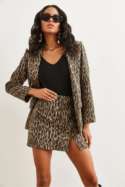 Ayollar leopardtosh tosh kulrang kulrang lapel cho‘ntakli astarli kashmir blazer kurtkasi CKT-19000403 - 2