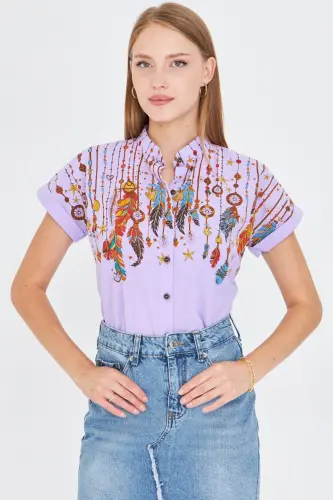 Ayollar Lila Hakam Yoqali Qisqa Yengli Ko'ylak ARM-25Y001040-Lila - 3