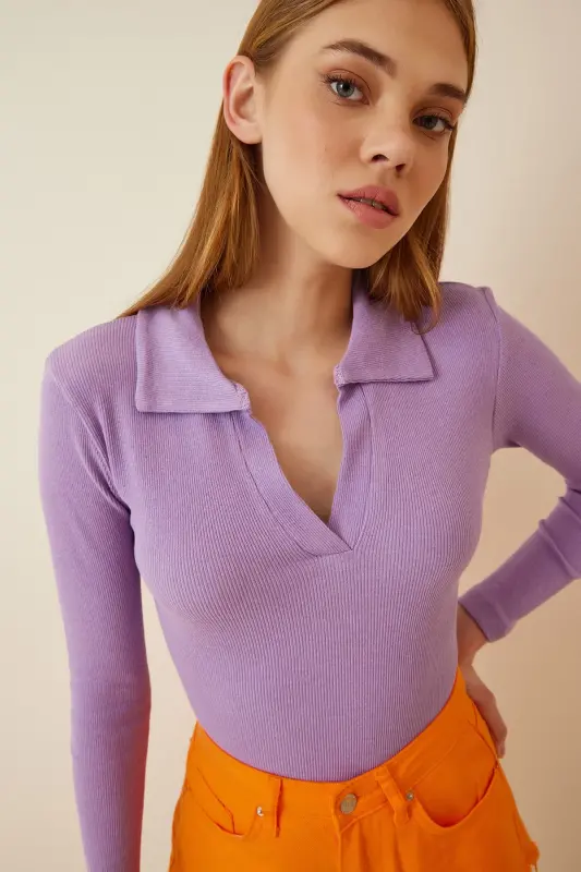 Ayollar Lila Polo Yoqali Fitilli Triko Bluz GT00111-Lila - 1