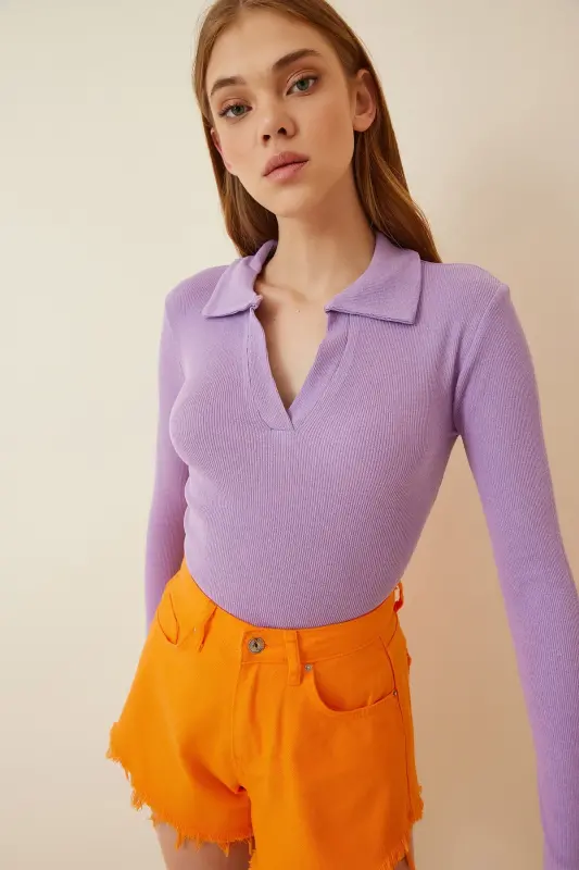 Ayollar Lila Polo Yoqali Fitilli Triko Bluz GT00111-Lila - 2