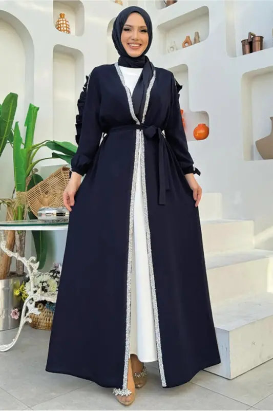AYOLLAR LOJUVARD TOShLI DETAIL KİYIMLI ABAYA KOMPLEKT T 4848-LOJUVARD - TRENDTESETTÜR