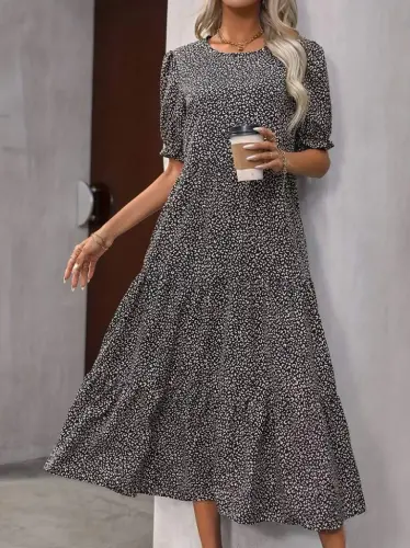 Ayollar Mini Leopard naqshli Midi uch qavatli ko'ylak - 1
