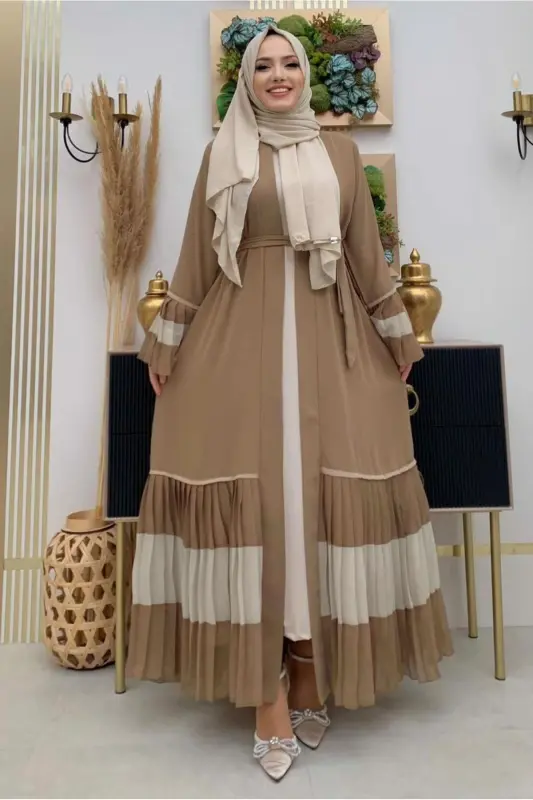 Ayollar mink plili detallangan volanli abaya T 4547-VİZON - TRENDTESETTÜR