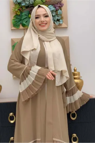 Ayollar mink plili detallangan volanli abaya T 4547-VİZON - TRENDTESETTÜR (1)