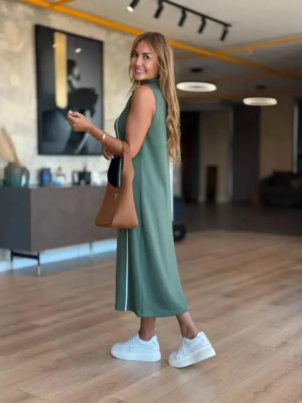 Ayollar Modal Mato chiziqli detallari Fermuarlı Midi Ko'ylak - 3