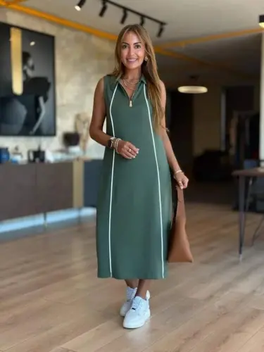 Ayollar Modal Mato chiziqli detallari Fermuarlı Midi Ko'ylak - 4