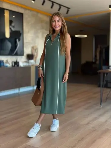 Ayollar Modal Mato chiziqli detallari Fermuarlı Midi Ko'ylak - 5