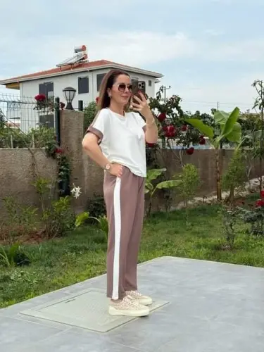 Ayollar Modal To'qimali Mato Yon chiziqli Kostyum - 1