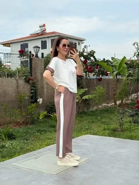 Ayollar Modal To'qimali Mato Yon chiziqli Kostyum - 1